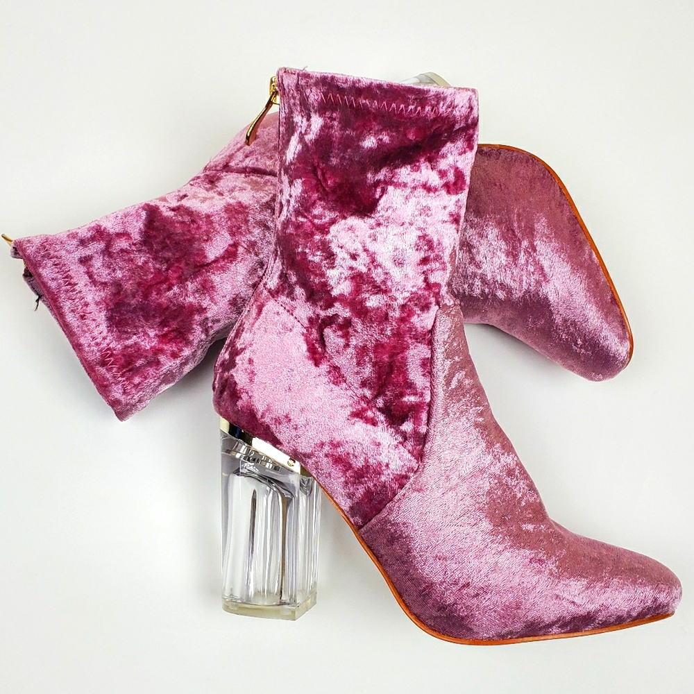 Cape Robbin Pink Velvet Ankle Boots with Clear Block Heel